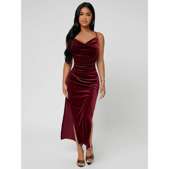 BohoGypsyDreamer.com Dresses & Skirts - Draped cowl neck Split Thigh Velvet Cami Dress burgundy
